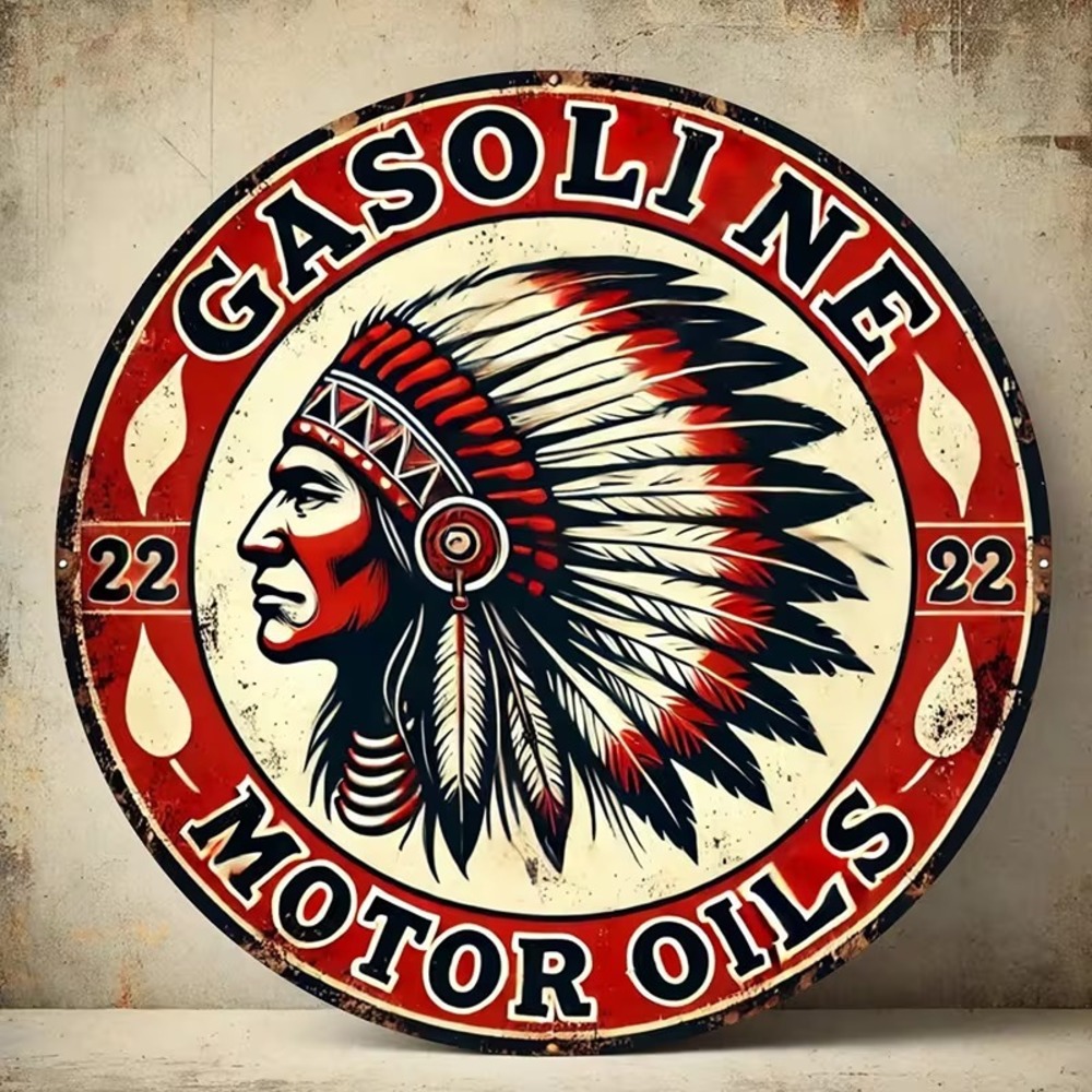 GASOLINE MOTOR OILS - INDIAN RETRO MAN CAVE METAL SIGN